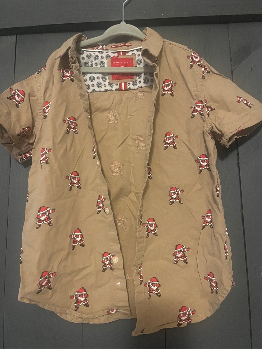 Denim & Flower Tan Button-Down Shirt with Red Santa Print